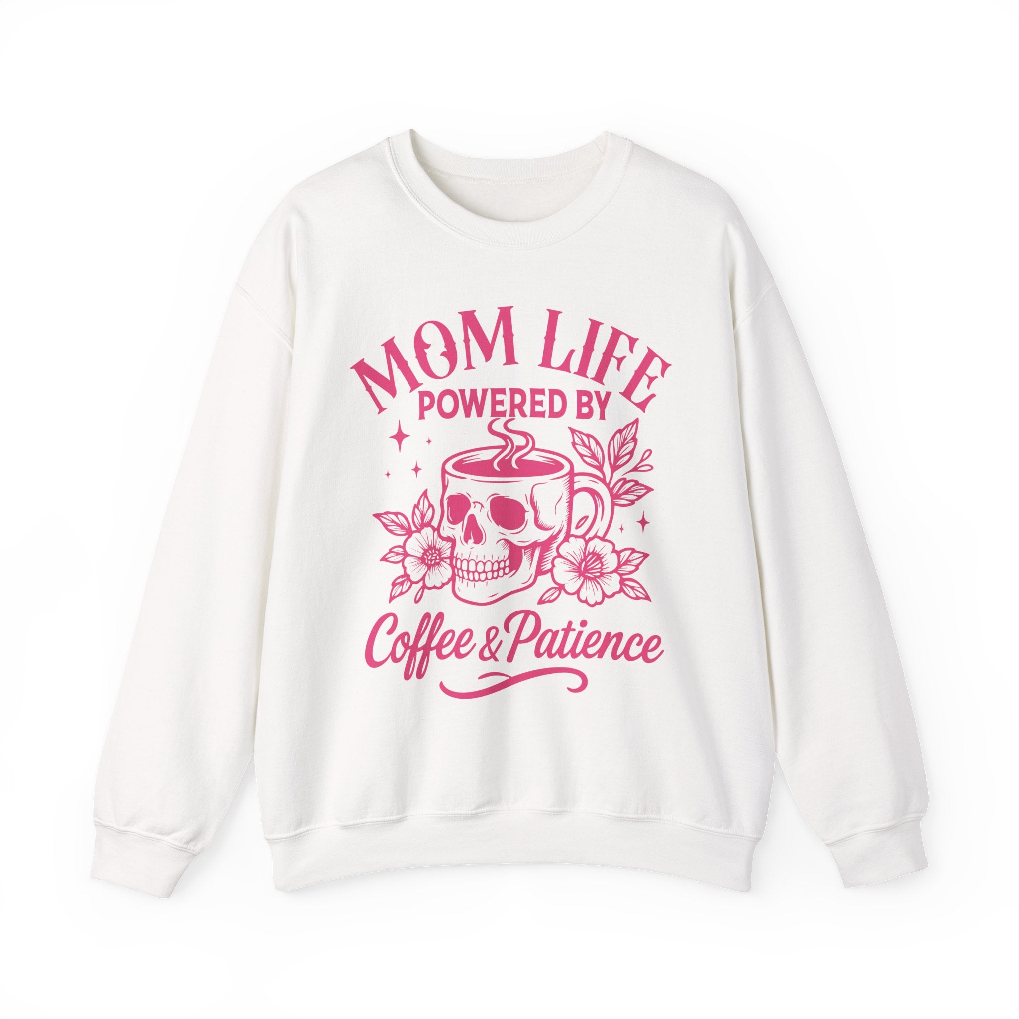 Mom Life Crewneck Sweatshirt - "Powered by Coffee & Patience" Graphic