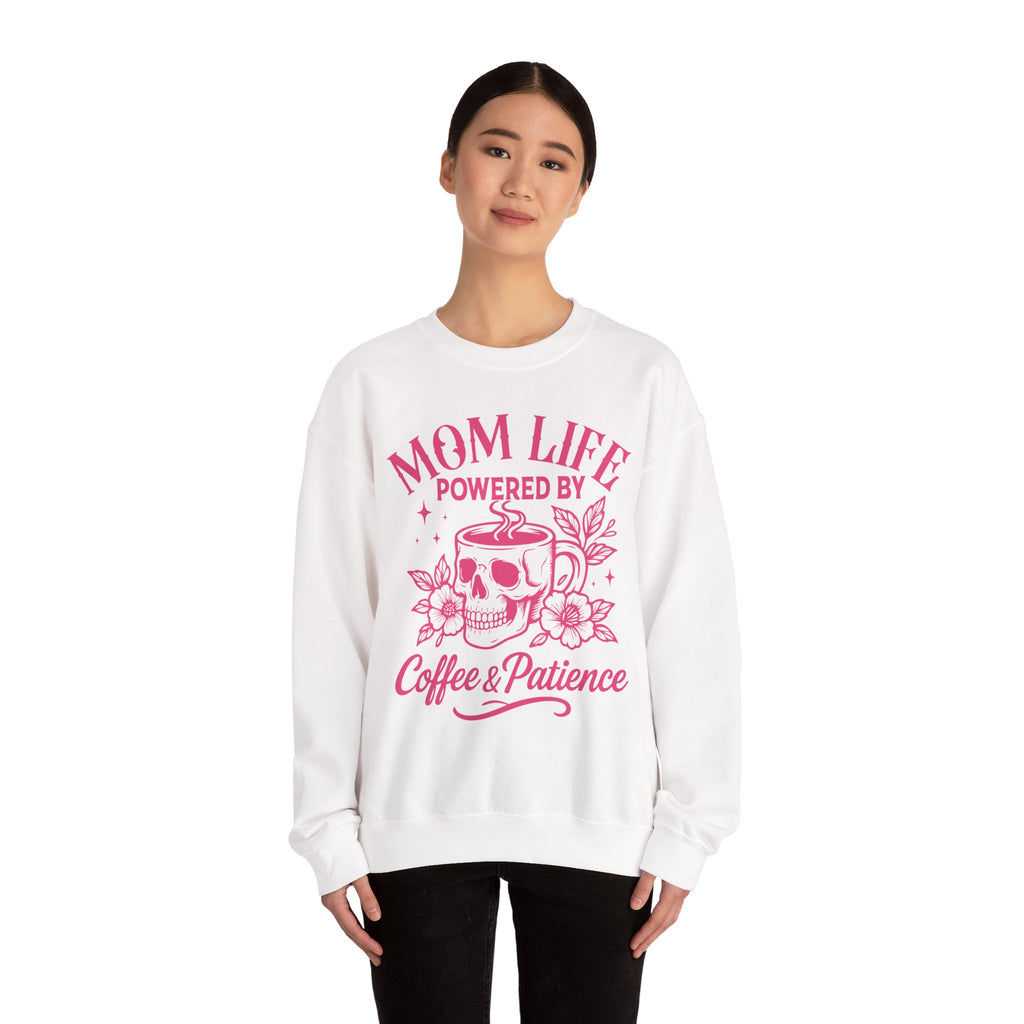 Mom Life Crewneck Sweatshirt - "Powered by Coffee & Patience" Graphic