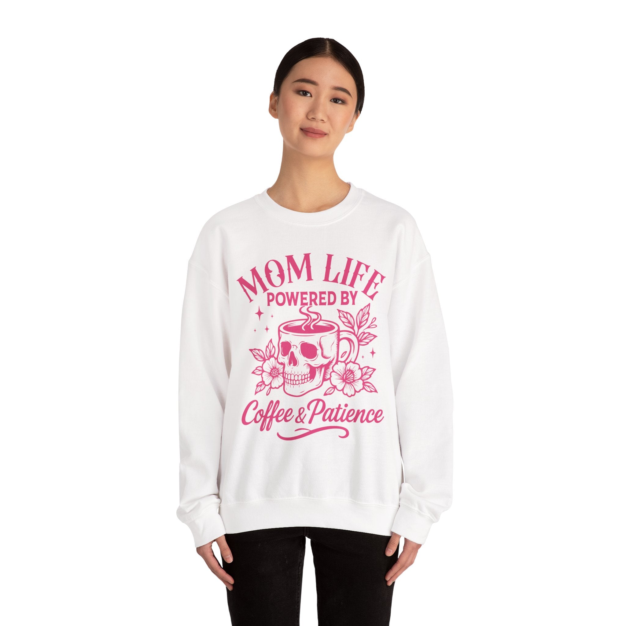 Mom Life Crewneck Sweatshirt - "Powered by Coffee & Patience" Graphic
