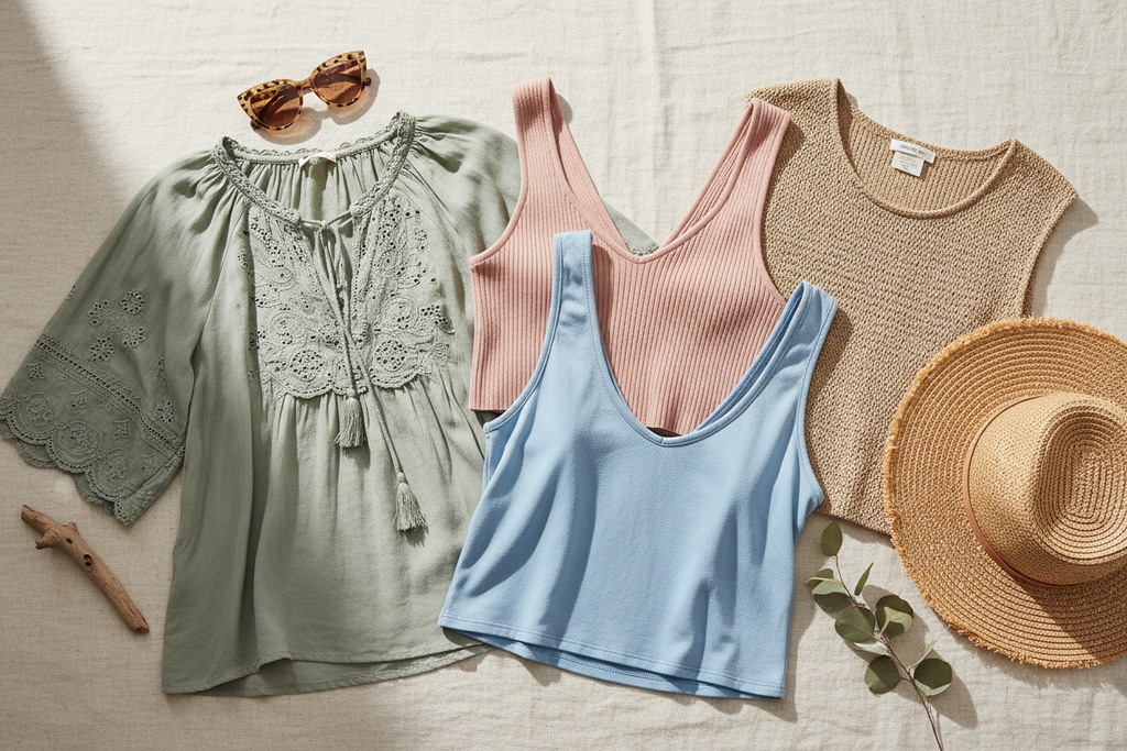 Smocked Denim Halter Collar Top